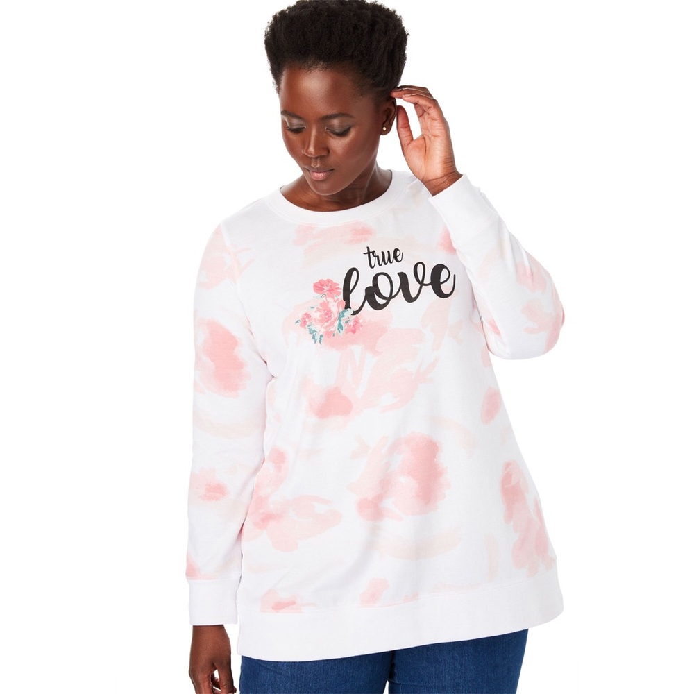 Woman Within Love Sweatshirt 1X Pink White Floral Graphic Pullover Plus Size